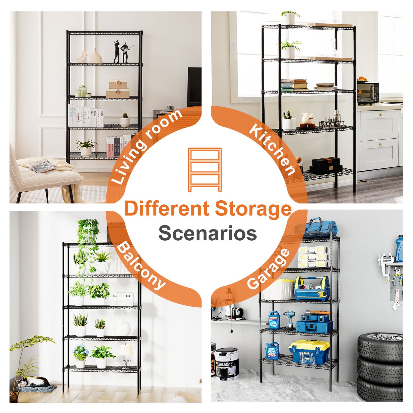 Storage Shelving Unit, Adjustable Metal Wire Racks Heavy Duty Standing Shelf Organizer for Kitchen, Closet, Pantry, Garage, Bathroom, Laundry,5-Tier