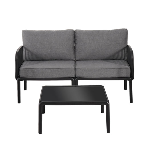 3 Piece Patio Conversation Sets, Modern Outdoor Patio Sectional Furniture Set with Square Coffee Table, Waterproof Thick Cushion Deep Seating for Porch, Balcony, Black & Dark Gray