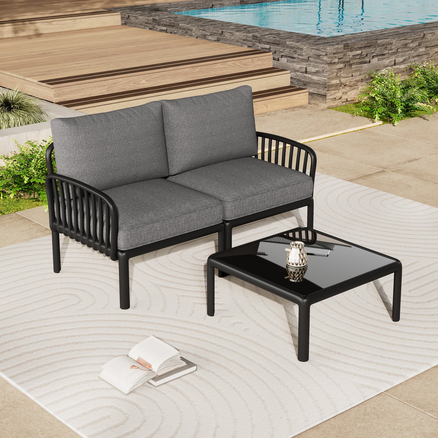 3 Piece Patio Conversation Sets, Modern Outdoor Patio Sectional Furniture Set with Square Coffee Table, Waterproof Thick Cushion Deep Seating for Porch, Balcony, Black & Dark Gray
