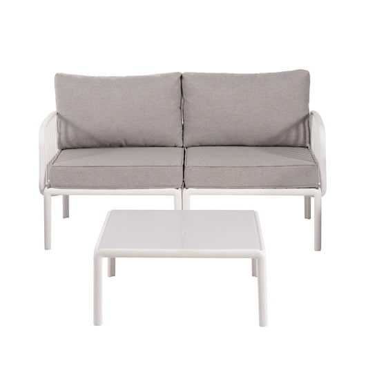 3 Piece Patio Conversation Sets, Modern Outdoor Patio Sectional Furniture Set with Square Coffee Table, Waterproof Thick Cushion Deep Seating for Porch, Balcony, White & Light Gray