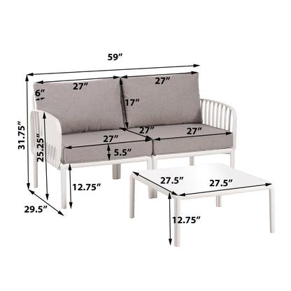 3 Piece Patio Conversation Sets, Modern Outdoor Patio Sectional Furniture Set with Square Coffee Table, Waterproof Thick Cushion Deep Seating for Porch, Balcony, White & Light Gray