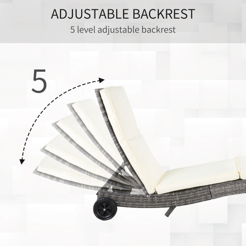 Outsunny Wicker Chaise Lounge Pool Chair, Outdoor PE Rattan Cushioned Patio Sun Lounger w/ 5-Level Adjustable Backrest & Wheels for Easy Movement, Cream White