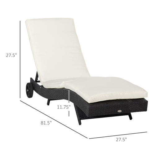 Outsunny Wicker Chaise Lounge Pool Chair, Outdoor PE Rattan Cushioned Patio Sun Lounger w/ 5-Level Adjustable Backrest & Wheels for Easy Movement, Cream White
