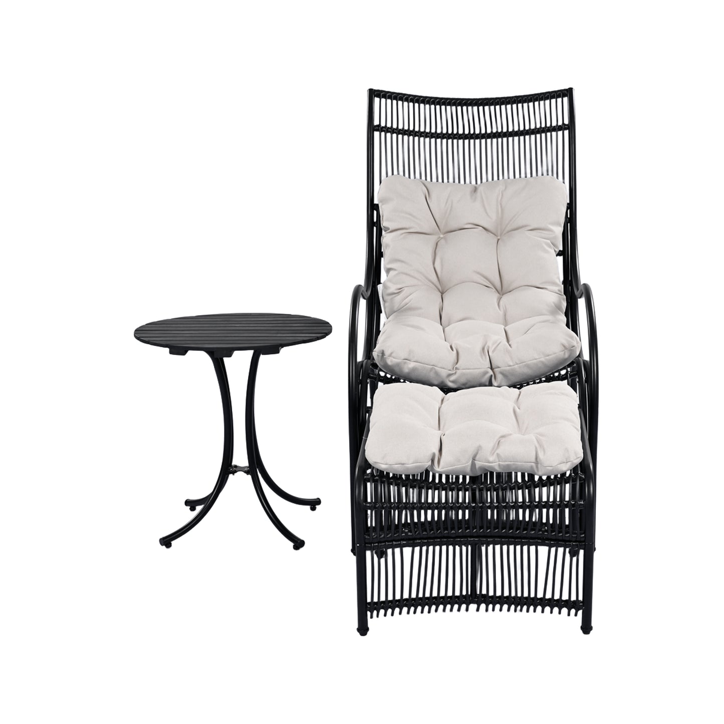 3 Pieces Wicker Outdoor Patio Furniture Set with Lounge Chair, Balcony Chairs Table Set with Cushions, Ottoman, Patio Conversation Sets for Garden ,Deck,and Porch, Black & Beige
