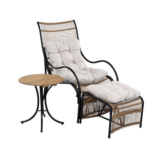 3 Pieces Wicker Outdoor Patio Furniture Set with Lounge Chair, Balcony Chairs Table Set with Cushions, Ottoman, Patio Conversation Sets for Garden ,Deck,and Porch, Black & Natural & Beige