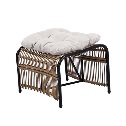 3 Pieces Wicker Outdoor Patio Furniture Set with Lounge Chair, Balcony Chairs Table Set with Cushions, Ottoman, Patio Conversation Sets for Garden ,Deck,and Porch, Black & Natural & Beige