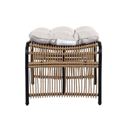 3 Pieces Wicker Outdoor Patio Furniture Set with Lounge Chair, Balcony Chairs Table Set with Cushions, Ottoman, Patio Conversation Sets for Garden ,Deck,and Porch, Black & Natural & Beige