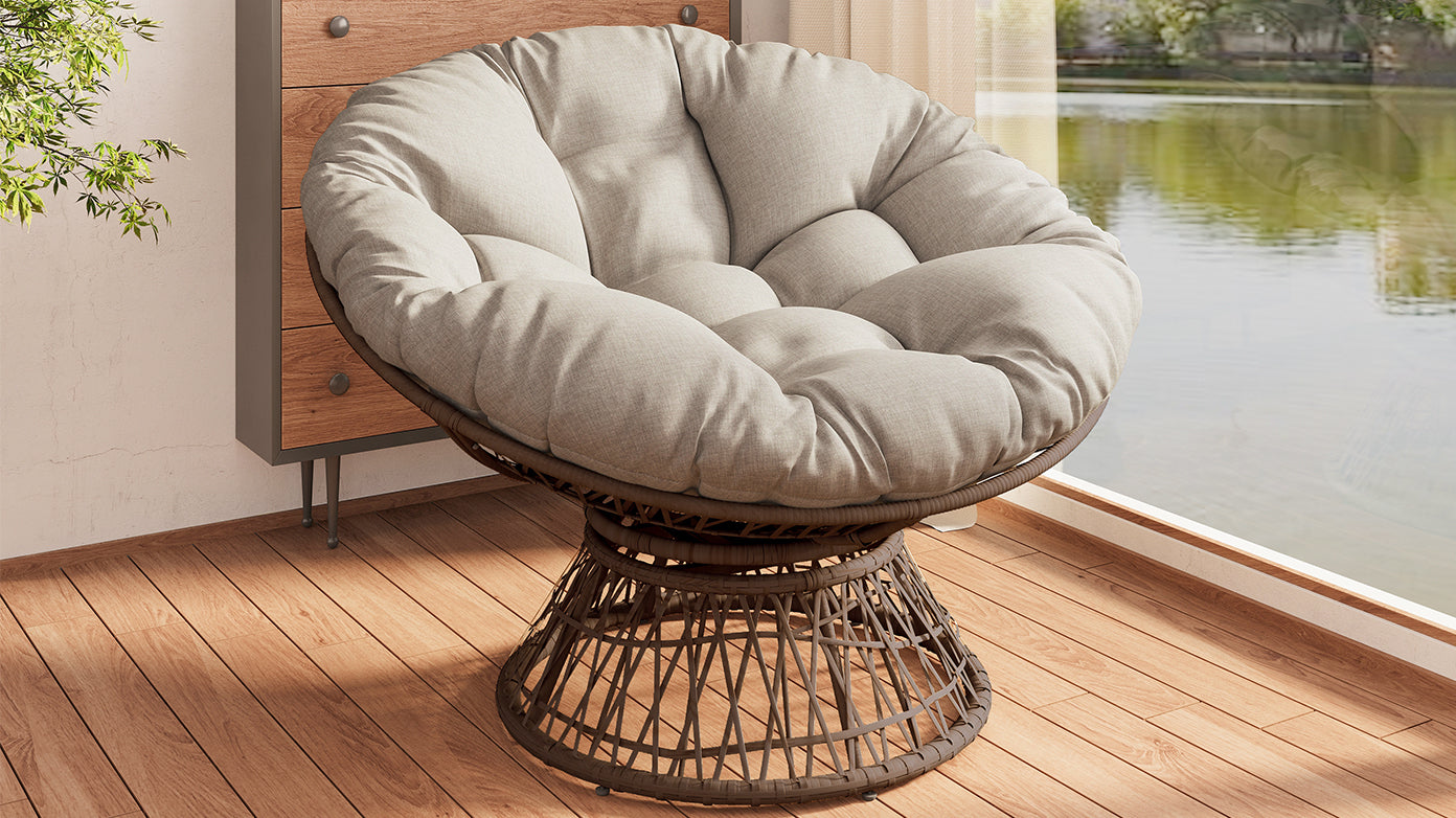41.5" Ergonomic Wicker Chair with Cloud Thick Density Fabric Cushion,3-proof Cover,High Capacity Iron Frame,Fluid 360 Degree Swivel for Reading,Living Room, Bedroom,Lounge,Brown Base,2 Colors