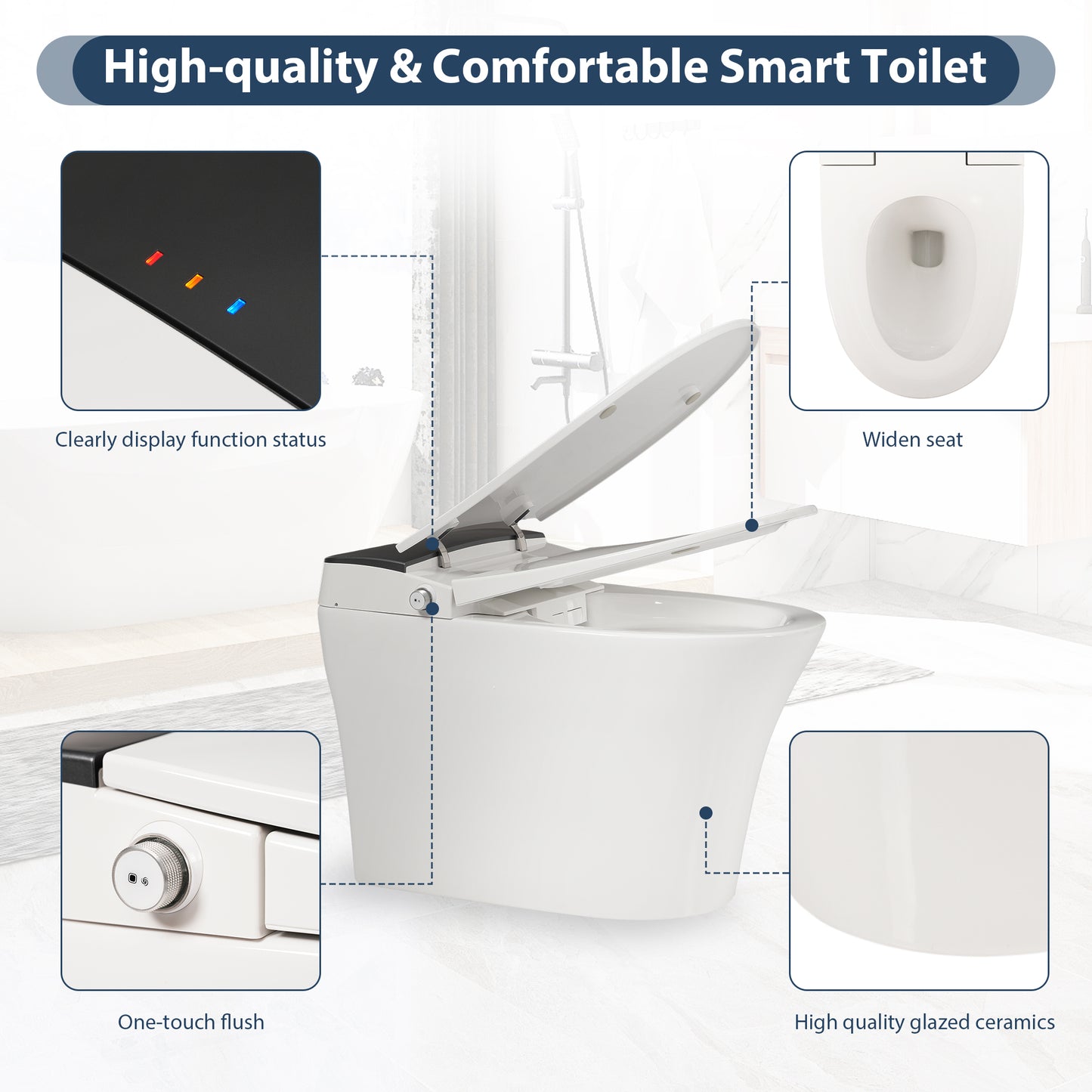 Heated Seat Smart Toilet, One Piece Toilet, Automatic Flush Tankless Toilet without Bidet, with Foot sensor Flush, Blue Night Light, Knob Control, Power Outage Flushing, Soft Close Cover,White