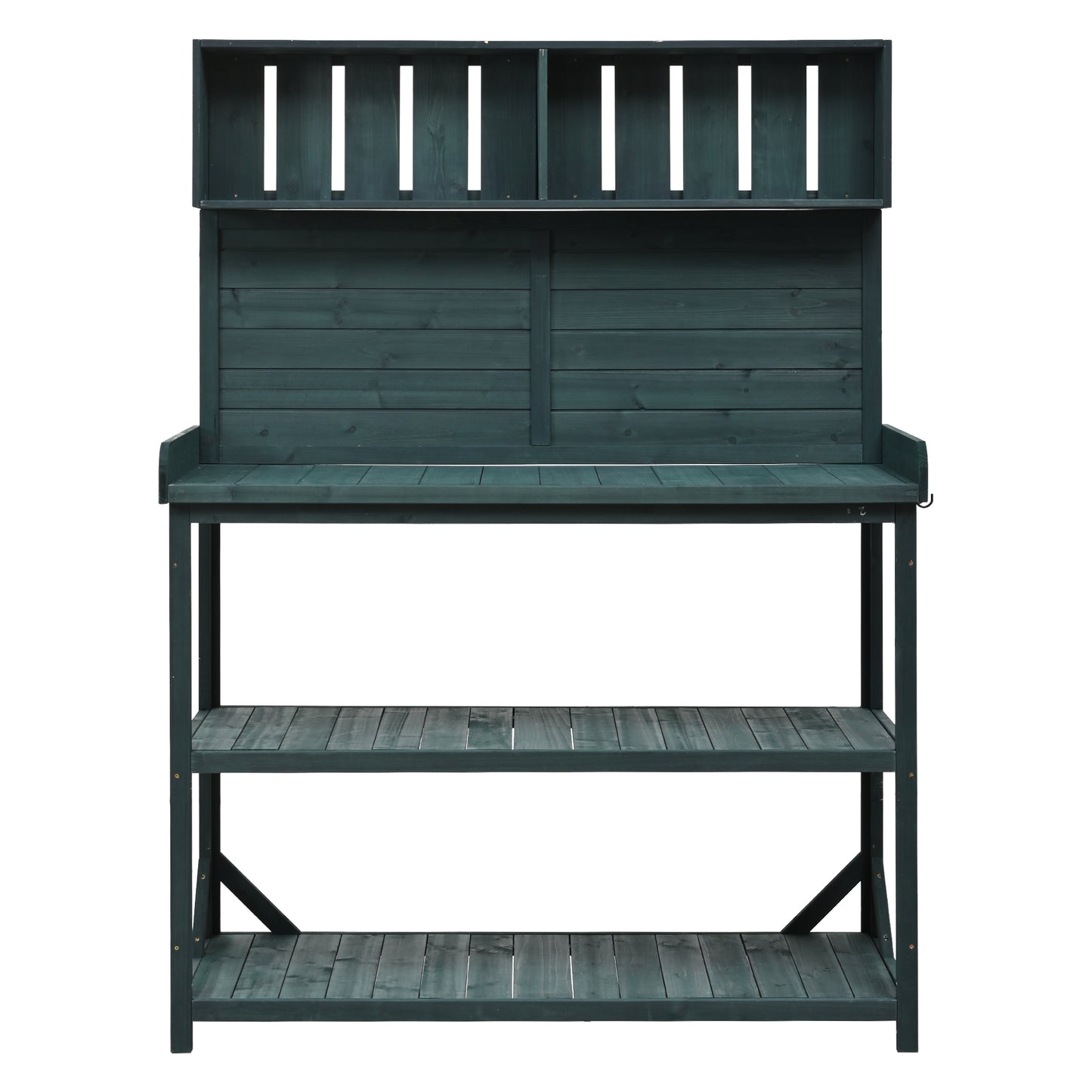 65" Large Wooden Farmhouse Rustic Outdoor Potting Bench Table, Patio Workstation, Garden Potting Bench with 4 Storage Shelves and Side Hook, Forest Green
