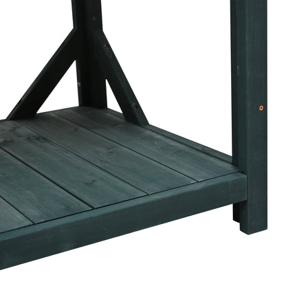 65" Large Wooden Farmhouse Rustic Outdoor Potting Bench Table, Patio Workstation, Garden Potting Bench with 4 Storage Shelves and Side Hook, Forest Green