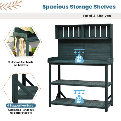 65" Large Wooden Farmhouse Rustic Outdoor Potting Bench Table, Patio Workstation, Garden Potting Bench with 4 Storage Shelves and Side Hook, Forest Green