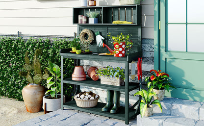 65" Large Wooden Farmhouse Rustic Outdoor Potting Bench Table, Patio Workstation, Garden Potting Bench with 4 Storage Shelves and Side Hook, Forest Green