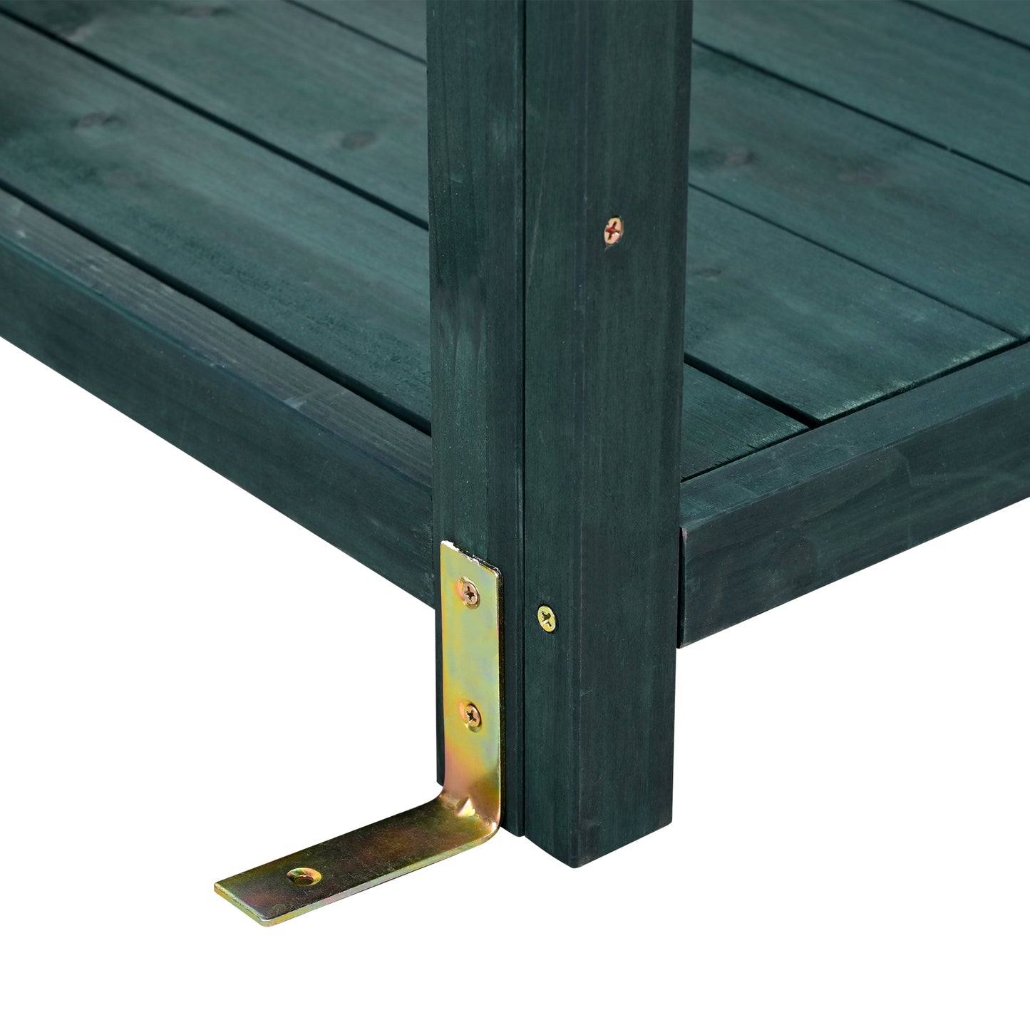 65" Large Wooden Farmhouse Rustic Outdoor Potting Bench Table, Patio Workstation, Garden Potting Bench with 4 Storage Shelves and Side Hook, Forest Green