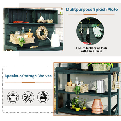 65" Large Wooden Farmhouse Rustic Outdoor Potting Bench Table, Patio Workstation, Garden Potting Bench with 4 Storage Shelves and Side Hook, Forest Green