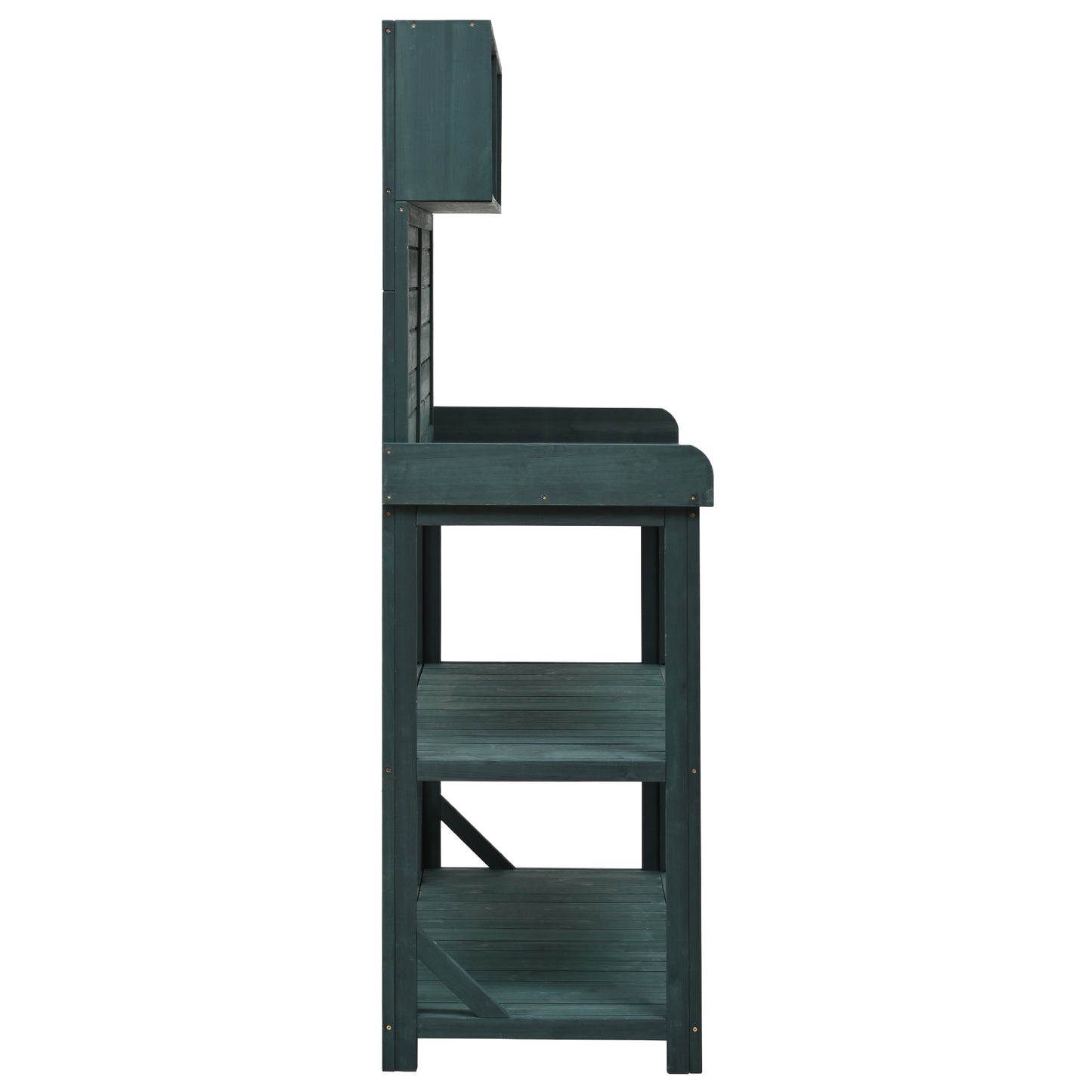 65" Large Wooden Farmhouse Rustic Outdoor Potting Bench Table, Patio Workstation, Garden Potting Bench with 4 Storage Shelves and Side Hook, Forest Green