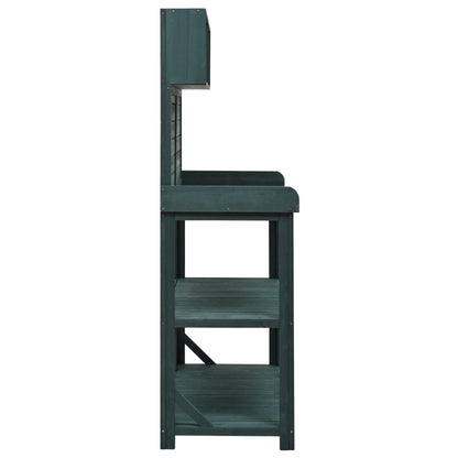 65" Large Wooden Farmhouse Rustic Outdoor Potting Bench Table, Patio Workstation, Garden Potting Bench with 4 Storage Shelves and Side Hook, Forest Green