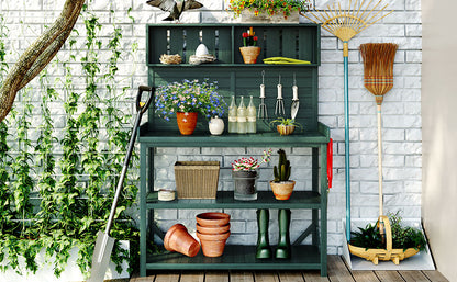 65" Large Wooden Farmhouse Rustic Outdoor Potting Bench Table, Patio Workstation, Garden Potting Bench with 4 Storage Shelves and Side Hook, Forest Green