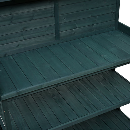 65" Large Wooden Farmhouse Rustic Outdoor Potting Bench Table, Patio Workstation, Garden Potting Bench with 4 Storage Shelves and Side Hook, Forest Green