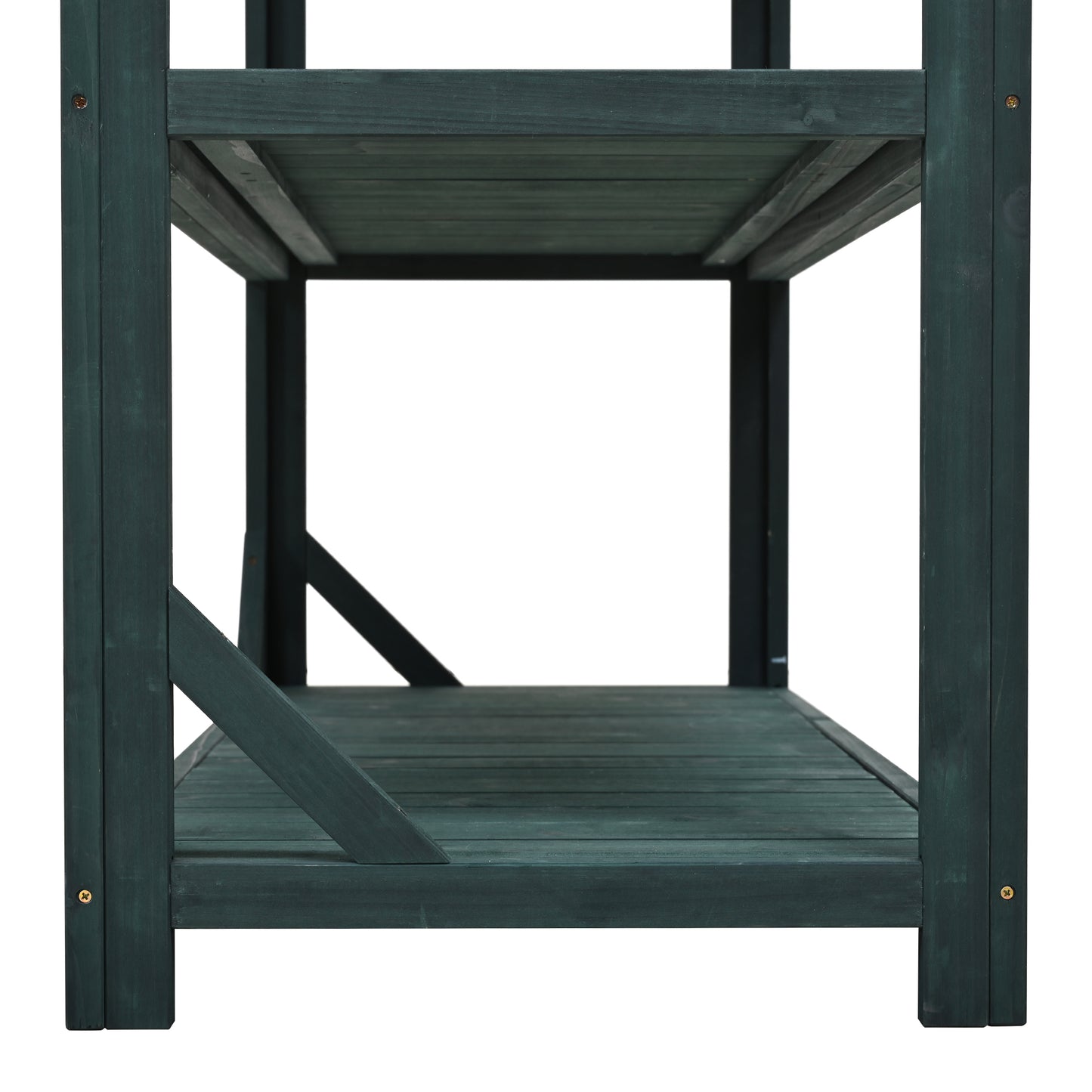 65" Large Wooden Farmhouse Rustic Outdoor Potting Bench Table, Patio Workstation, Garden Potting Bench with 4 Storage Shelves and Side Hook, Forest Green