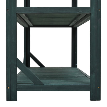 65" Large Wooden Farmhouse Rustic Outdoor Potting Bench Table, Patio Workstation, Garden Potting Bench with 4 Storage Shelves and Side Hook, Forest Green