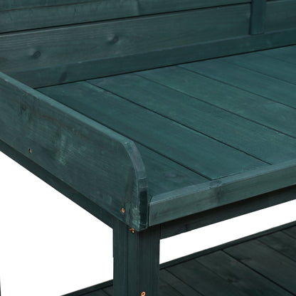 65" Large Wooden Farmhouse Rustic Outdoor Potting Bench Table, Patio Workstation, Garden Potting Bench with 4 Storage Shelves and Side Hook, Forest Green