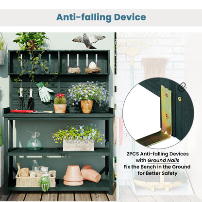 65" Large Wooden Farmhouse Rustic Outdoor Potting Bench Table, Patio Workstation, Garden Potting Bench with 4 Storage Shelves and Side Hook, Forest Green