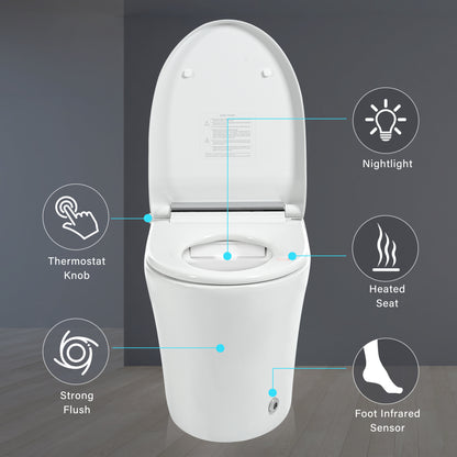 Smart toilet with Built-in Heated Seat, One Piece Elongated Modern Toilet with Adjustable Temp Heated Seat, Auto Flush, Dual Flush Toilet 1/1.28 GPF, Foot sensor Flush, White Night Light,Knob Control