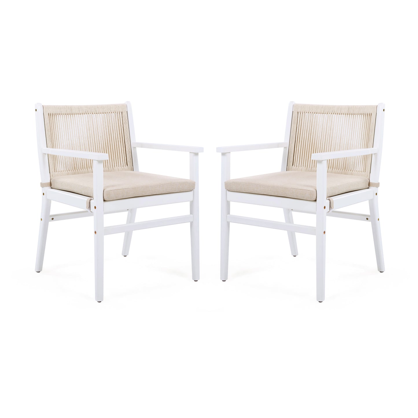 Outdoor Dining Chairs Set of 2, Acacia Wood Patio Armchair with Rope Design Back and Water Repellent Cushion, White Frame, 400lbs Weight Capacity