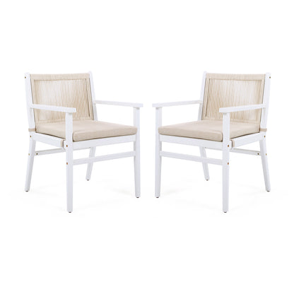 Outdoor Dining Chairs Set of 2, Acacia Wood Patio Armchair with Rope Design Back and Water Repellent Cushion, White Frame, 400lbs Weight Capacity