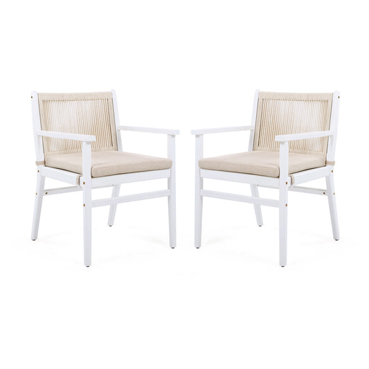 Outdoor Dining Chairs Set of 2, Acacia Wood Patio Armchair with Rope Design Back and Water Repellent Cushion, White Frame, 400lbs Weight Capacity