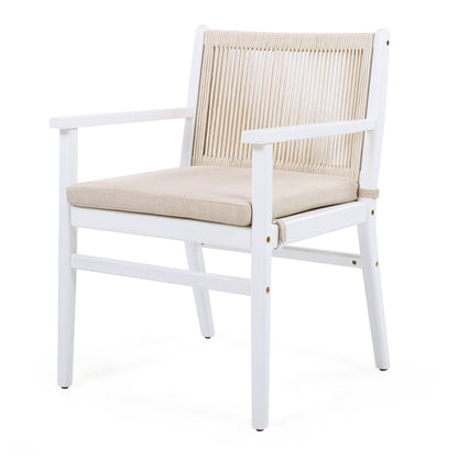 Outdoor Dining Chairs Set of 2, Acacia Wood Patio Armchair with Rope Design Back and Water Repellent Cushion, White Frame, 400lbs Weight Capacity