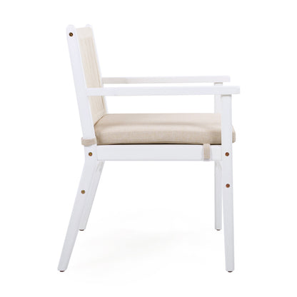 Outdoor Dining Chairs Set of 2, Acacia Wood Patio Armchair with Rope Design Back and Water Repellent Cushion, White Frame, 400lbs Weight Capacity
