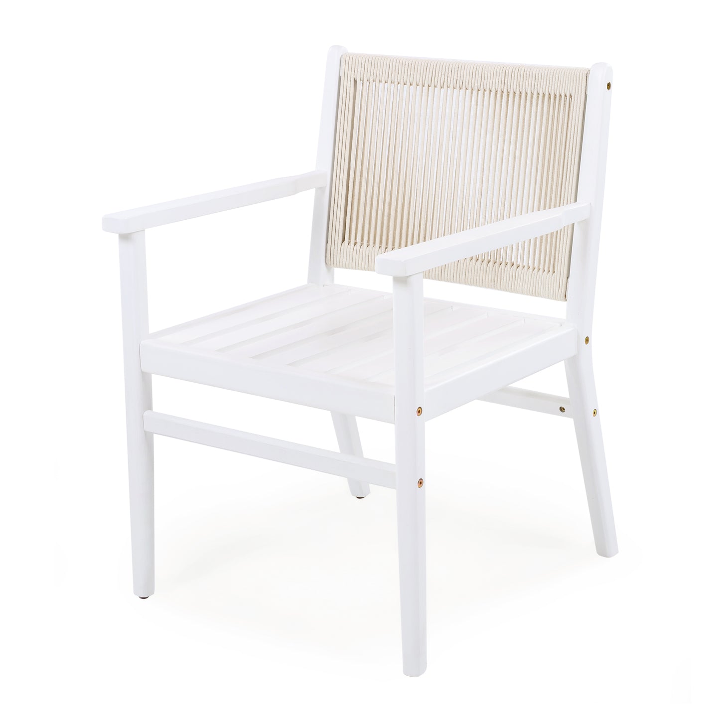 Outdoor Dining Chairs Set of 2, Acacia Wood Patio Armchair with Rope Design Back and Water Repellent Cushion, White Frame, 400lbs Weight Capacity