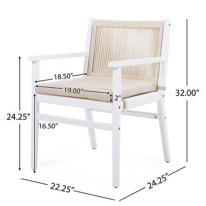 Outdoor Dining Chairs Set of 2, Acacia Wood Patio Armchair with Rope Design Back and Water Repellent Cushion, White Frame, 400lbs Weight Capacity