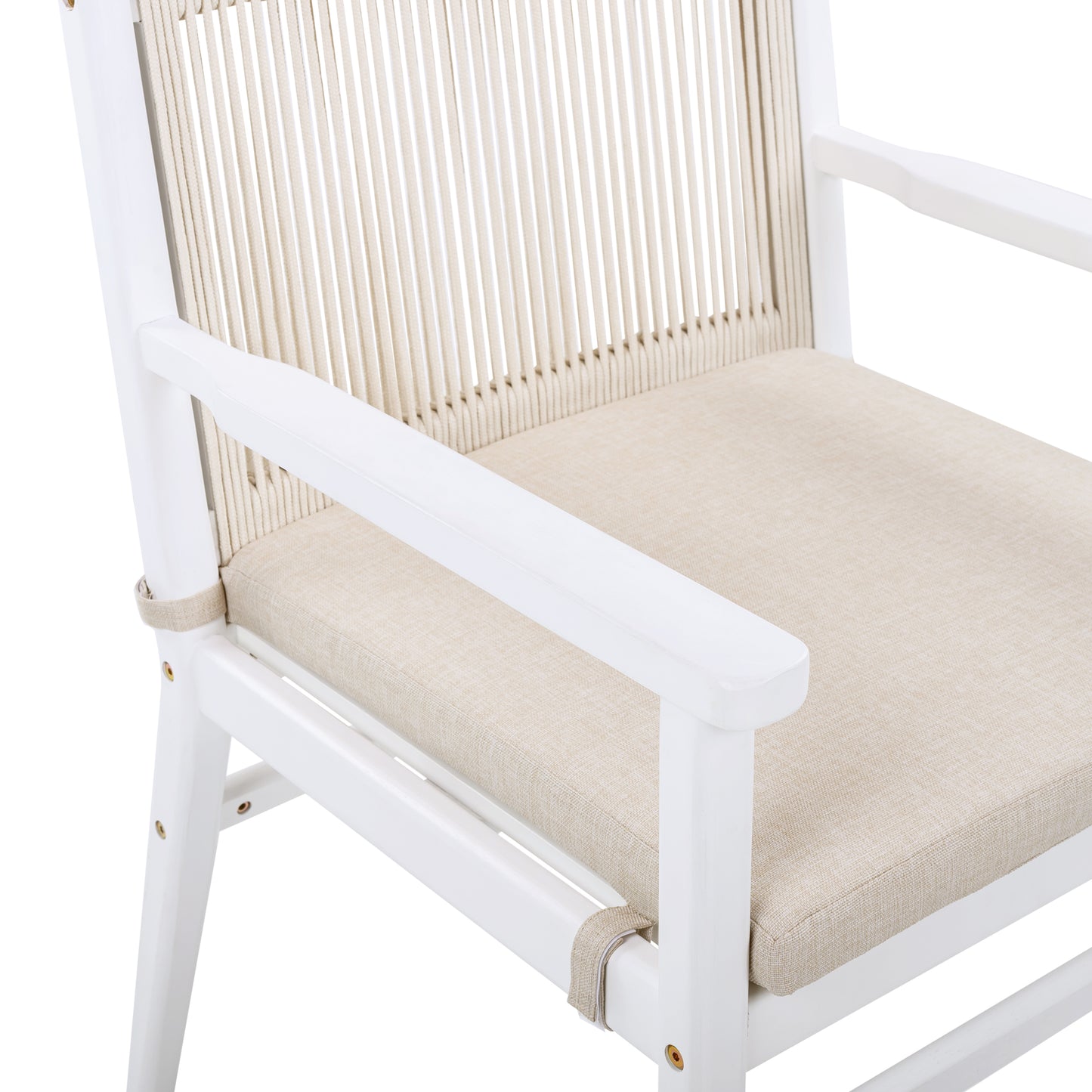 Outdoor Dining Chairs Set of 2, Acacia Wood Patio Armchair with Rope Design Back and Water Repellent Cushion, White Frame, 400lbs Weight Capacity