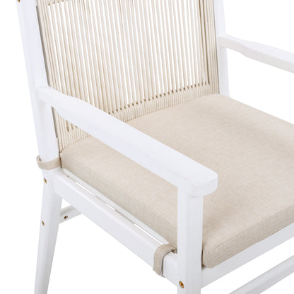 Outdoor Dining Chairs Set of 2, Acacia Wood Patio Armchair with Rope Design Back and Water Repellent Cushion, White Frame, 400lbs Weight Capacity