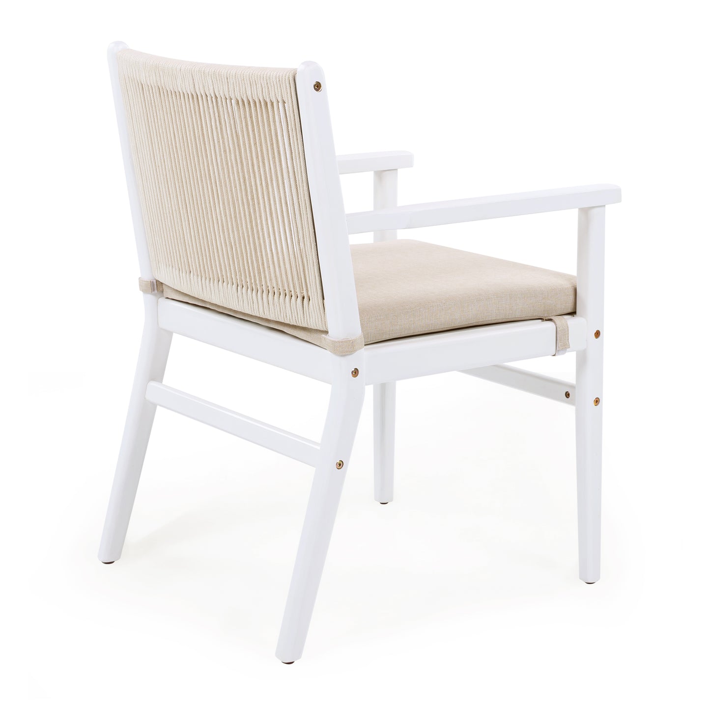 Outdoor Dining Chairs Set of 2, Acacia Wood Patio Armchair with Rope Design Back and Water Repellent Cushion, White Frame, 400lbs Weight Capacity