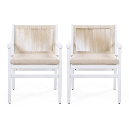Outdoor Dining Chairs Set of 2, Acacia Wood Patio Armchair with Rope Design Back and Water Repellent Cushion, White Frame, 400lbs Weight Capacity