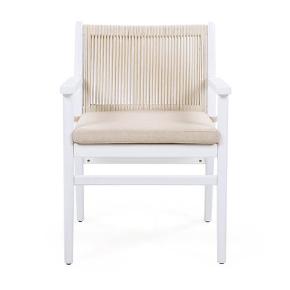 Outdoor Dining Chairs Set of 2, Acacia Wood Patio Armchair with Rope Design Back and Water Repellent Cushion, White Frame, 400lbs Weight Capacity
