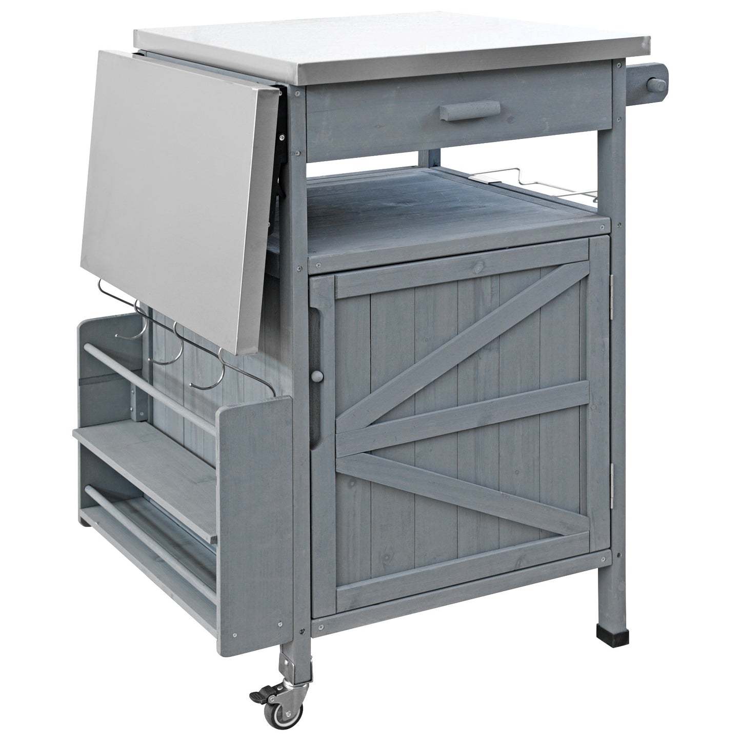 40.5" Outdoor Grill Cart with Stainless Steel Top, Solid Wood Outdoor Storage Cabinet with Drop Leaf, One Drawer, Towel Rack, Rolling Kitchen Cart with Lockable Wheels for Lawn Garden, Blue Grey