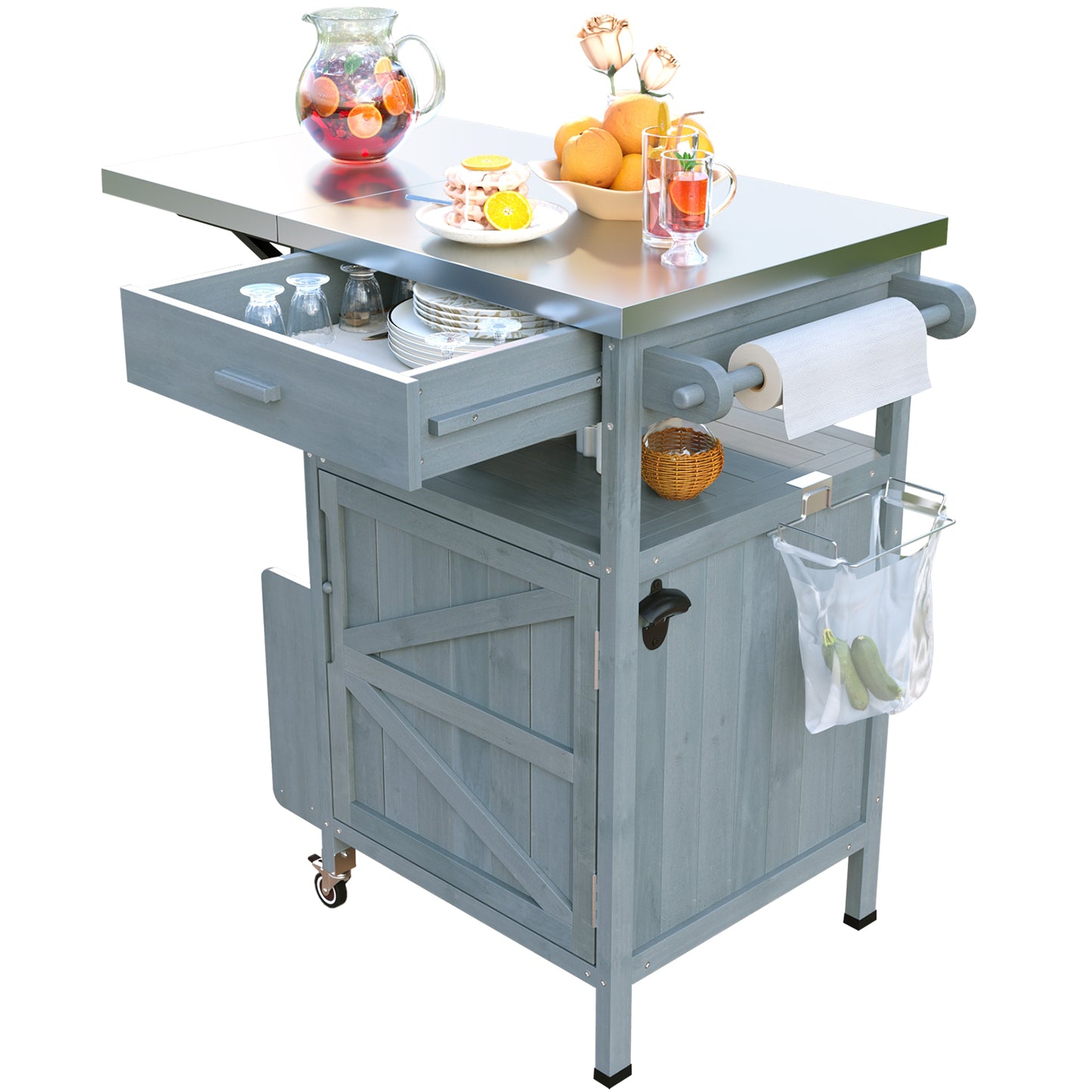 40.5" Outdoor Grill Cart with Stainless Steel Top, Solid Wood Outdoor Storage Cabinet with Drop Leaf, One Drawer, Towel Rack, Rolling Kitchen Cart with Lockable Wheels for Lawn Garden, Blue Grey