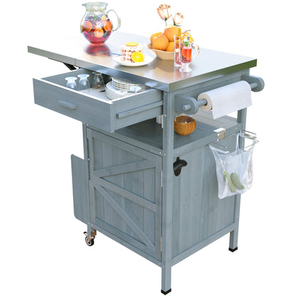 40.5" Outdoor Grill Cart with Stainless Steel Top, Solid Wood Outdoor Storage Cabinet with Drop Leaf, One Drawer, Towel Rack, Rolling Kitchen Cart with Lockable Wheels for Lawn Garden, Blue Grey