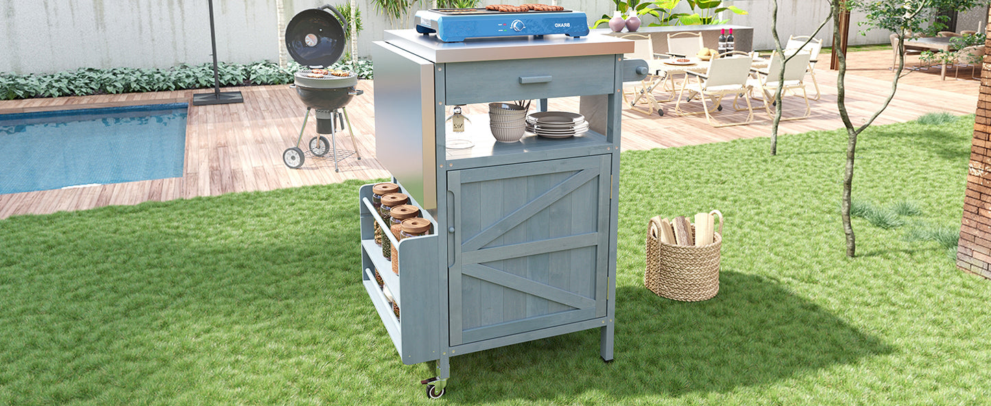 40.5" Outdoor Grill Cart with Stainless Steel Top, Solid Wood Outdoor Storage Cabinet with Drop Leaf, One Drawer, Towel Rack, Rolling Kitchen Cart with Lockable Wheels for Lawn Garden, Blue Grey