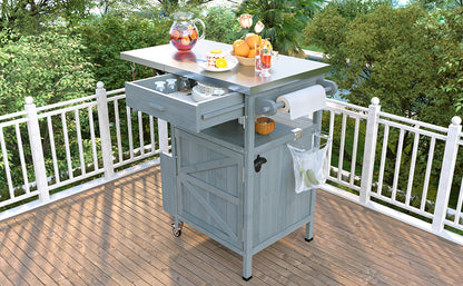 40.5" Outdoor Grill Cart with Stainless Steel Top, Solid Wood Outdoor Storage Cabinet with Drop Leaf, One Drawer, Towel Rack, Rolling Kitchen Cart with Lockable Wheels for Lawn Garden, Blue Grey