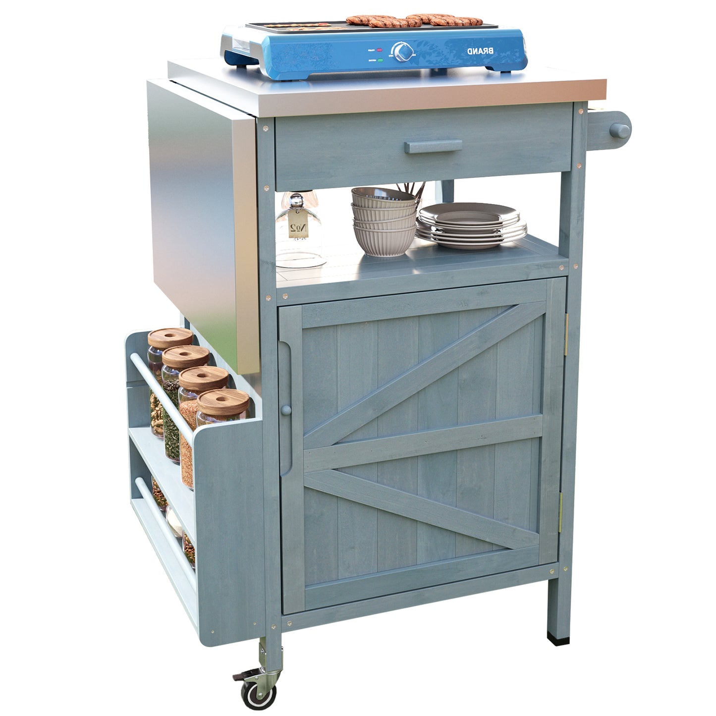 40.5" Outdoor Grill Cart with Stainless Steel Top, Solid Wood Outdoor Storage Cabinet with Drop Leaf, One Drawer, Towel Rack, Rolling Kitchen Cart with Lockable Wheels for Lawn Garden, Blue Grey