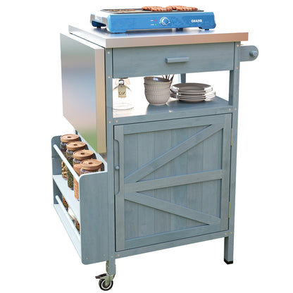 40.5" Outdoor Grill Cart with Stainless Steel Top, Solid Wood Outdoor Storage Cabinet with Drop Leaf, One Drawer, Towel Rack, Rolling Kitchen Cart with Lockable Wheels for Lawn Garden, Blue Grey
