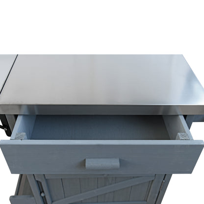 40.5" Outdoor Grill Cart with Stainless Steel Top, Solid Wood Outdoor Storage Cabinet with Drop Leaf, One Drawer, Towel Rack, Rolling Kitchen Cart with Lockable Wheels for Lawn Garden, Blue Grey