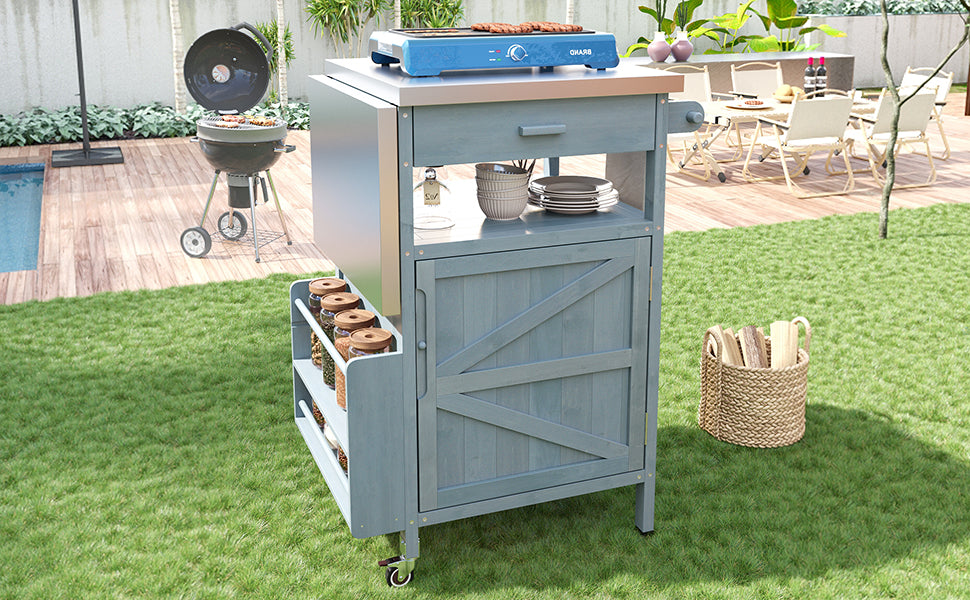 40.5" Outdoor Grill Cart with Stainless Steel Top, Solid Wood Outdoor Storage Cabinet with Drop Leaf, One Drawer, Towel Rack, Rolling Kitchen Cart with Lockable Wheels for Lawn Garden, Blue Grey