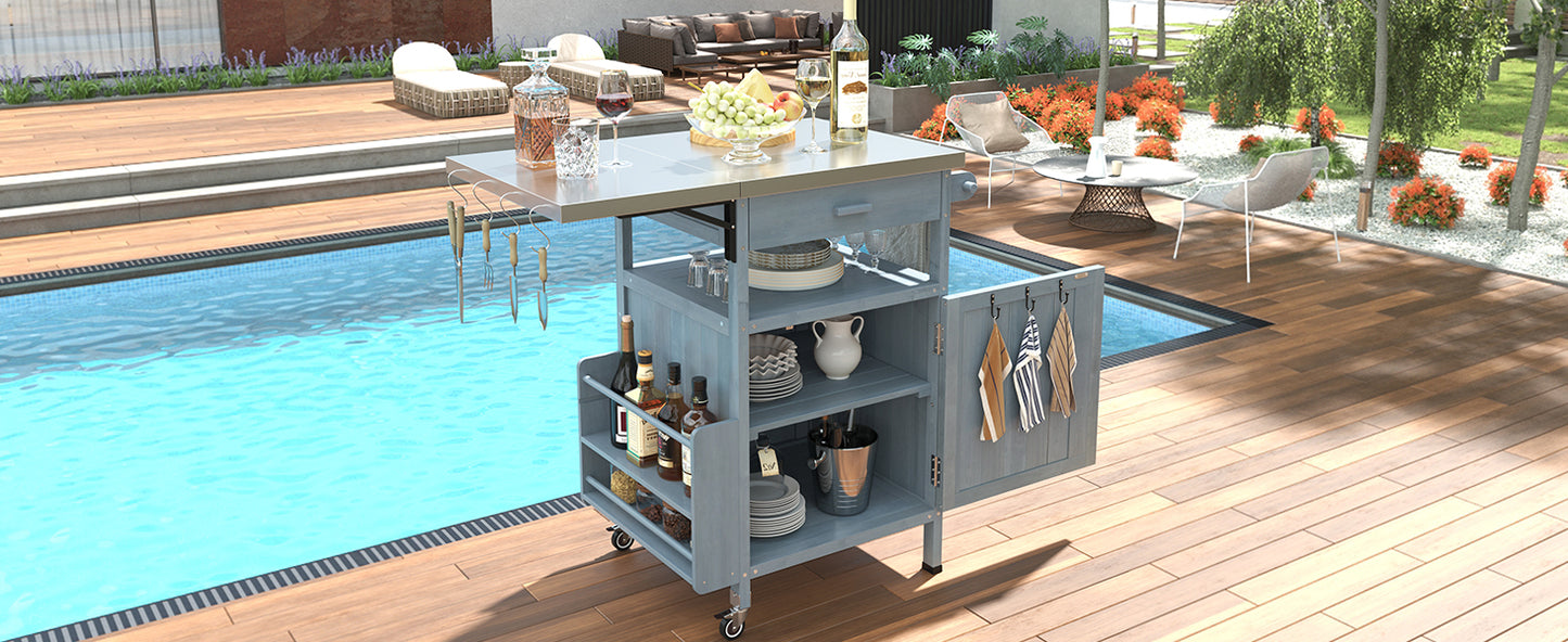 40.5" Outdoor Grill Cart with Stainless Steel Top, Solid Wood Outdoor Storage Cabinet with Drop Leaf, One Drawer, Towel Rack, Rolling Kitchen Cart with Lockable Wheels for Lawn Garden, Blue Grey